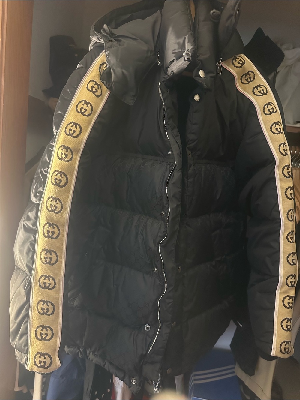 Gucci Black Puffer Jacket with Gold Logo Trim